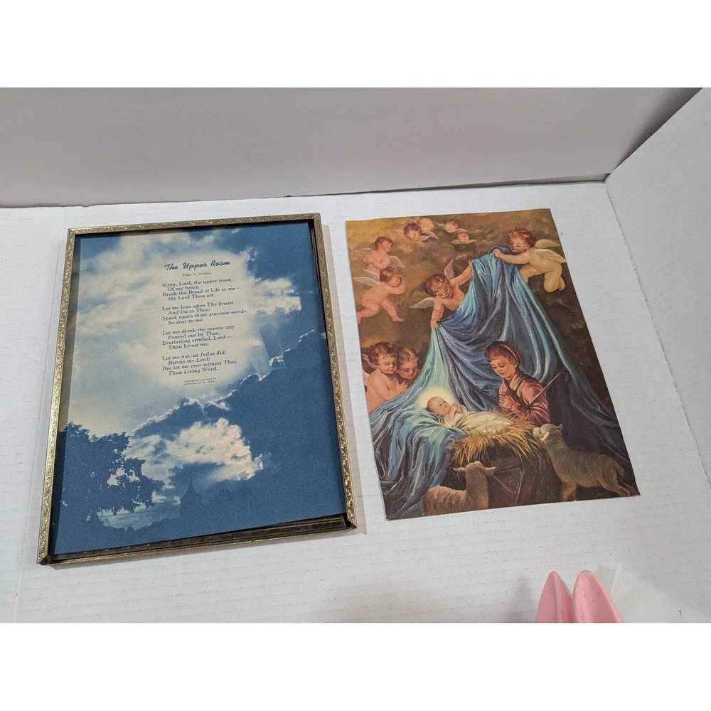 Vintage Gold‎ Tone Metal 8x10 Frame with Religious Prints Nativity Poem Art